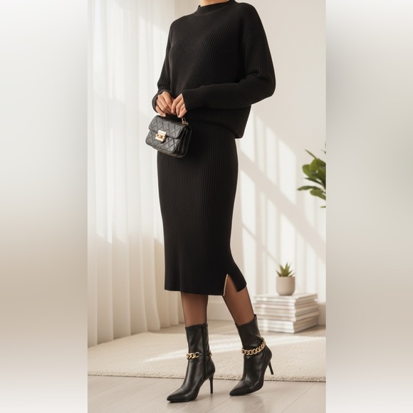 • The Minimalist: Black Pointed Toe Sock Boots with Gold Chain Accents - Picture 4 of 4